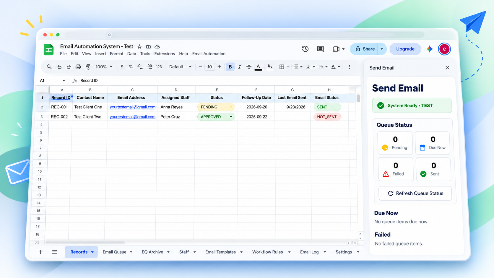 Email Automation test workspace showing client records in Google Sheets and the Send Email workflow sidebar